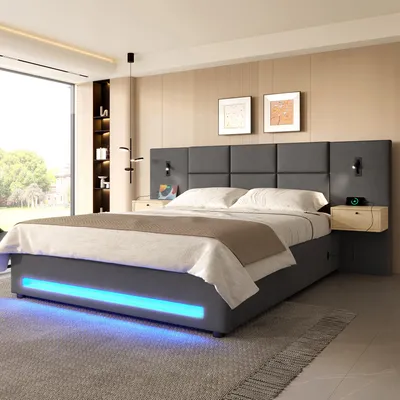 Produktbild von okwish Polsterbett 160×200 mit Matratze und Nachtlicht,Jugendbett mit Schubladen und USB-C,Doppelbett mit Bettkasten,Dunkelgrau