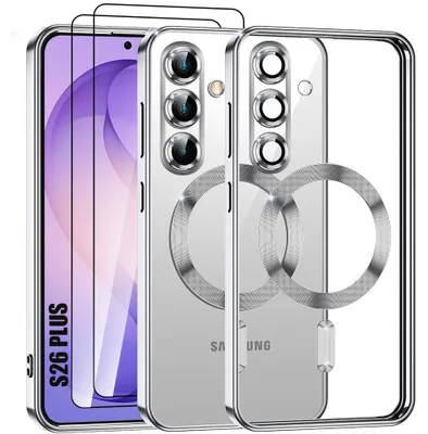 Image de Coque + 2 Verres Trempés pour Samsung Galaxy S26 Plus, Protection Contour Argenté avec Cercle Magnétique