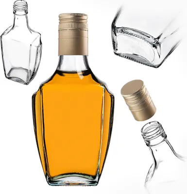 A collage of glass bottles and caps, with one bottle filled with amber liquid.
