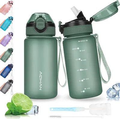 Image de Gourde sport 600ML avec couvercle rabattable, sans , anti-fuite, avec paille et sangle de transport
