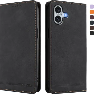 Image de Étui pour iPhone 16 Plus, étui rétro en cuirPolyuréthaneavec support et fentes pour cartes de crédit Noir