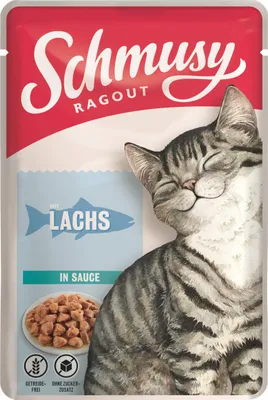 Produktbild von Schmusy Ragout Lachs in Sauce, Adult, jede Rasse, Lachs, 100 g, Ohne Soja, Ohne künstliche Farbstoffe