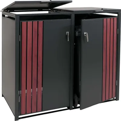 Produktbild von 2er-Mülltonnenverkleidung MCW-O67, Mülltonnenbox mit Deckel, Metall 122x132x84cm 53kg anthrazit Holzoptik dunkel