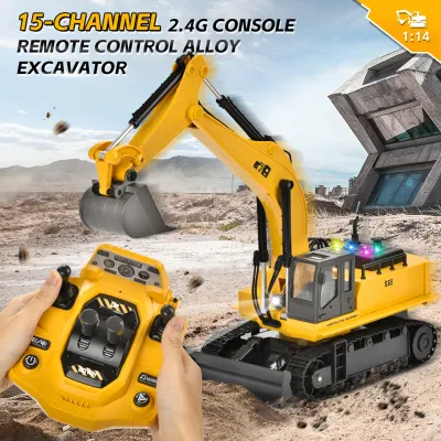 Produktbild von Ferngesteuertes Bagger- und Bulldozer-Spielzeug, 15-Kanal-Baufahrzeuge mit Licht- und Geräuscheffekten, Geburtstagsgeschenk für Jungen und Kinder