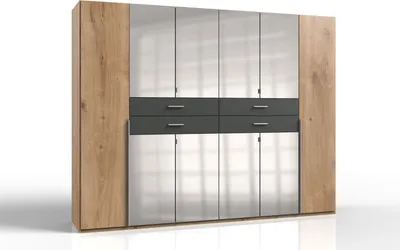 Produktbild von Kleiderschrank "Denver" aus Spanplatte in Plankeneiche-Nachbildung mit 4 Schubladen und 10 Türen. Abmessungen (B/H/T) 270x208x58 cm