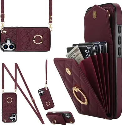 Produktbild von Crossbody Kunstleder Hülle für Apple iPhone 17 mit Rhombic Muster & RFID Kartenfach Weinrot