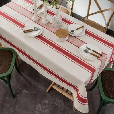 Immagine prodotto di Tovaglia a righe rosse, in cotone e lino, 142 x 220 cm. Lavabile e riutilizzabile