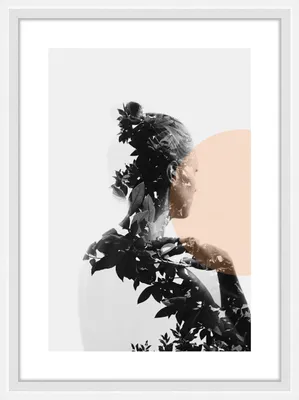 A double exposure image of a woman's profile superimposed with dark foliage and a peach-colored circle.