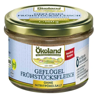 A glass jar of Geflügel-Frühstücksfleisch (poultry breakfast meat) from Ökoland, a German organic food brand.
