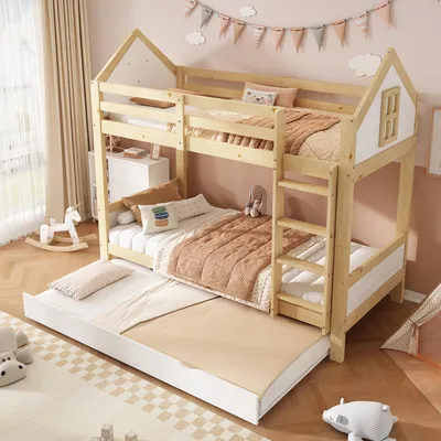 Productafbeelding van Kinderekkerbed 90 x 200 cm met uitschuifbed 90 x 190 cm, 3 slaapplekken, huisontwerp, wit en naturel