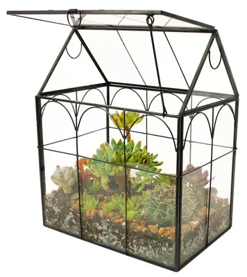 Productafbeelding van Handgemaakt glazen terrarium in de vorm van een huis, met een scharnierend deksel