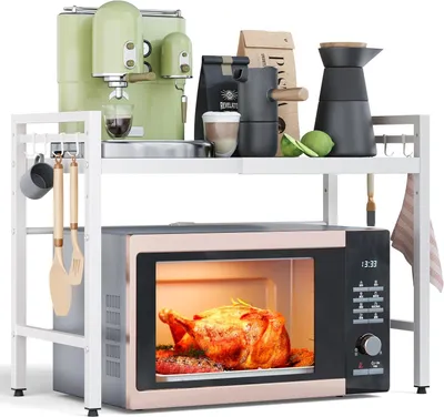 Produktbild von Mikrowellenhalter 2 Ebenen, für Küche, verstellbare Länge 40 bis 60 cm, 8 Haken, weiß