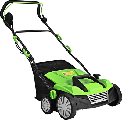 Obrázek produktu pro Elektrický vertikutátor provzdušňovač trávníku 1800W 2 úrovně pracovní hloubka 106 x 58 x 110,5 cm zelený
