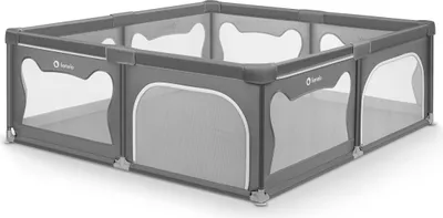 A grey playpen with white mesh windows and cutouts, shown from a slightly elevated angle.
