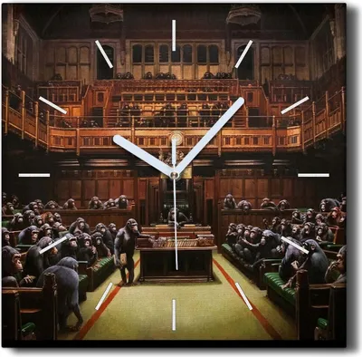 Produktbild von Coloray Hodiny Unikátní 30x30 cm  Tiché hodiny Pro obývací pokoj a kuchyň Nástěnné hodiny Plátno Černé ručičky hodin - Parlament Banksy