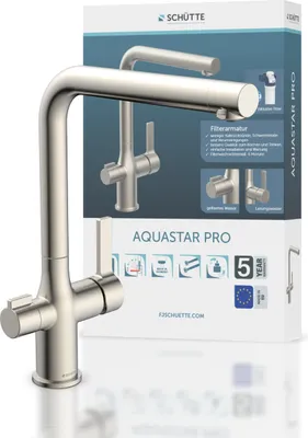 A product shot of a faucet with its packaging in the background.