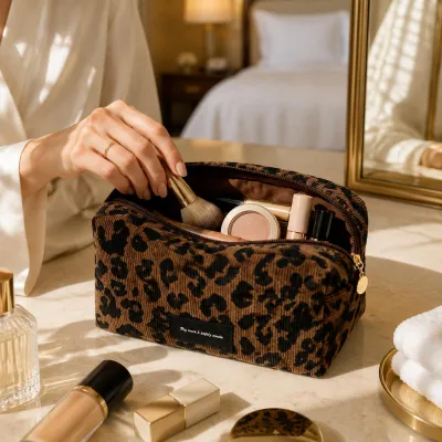 Imagen del producto de Estuche de cosméticos grande, con estampado de leopardo, con organizador, ideal para viajes