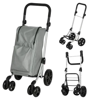 A collage of a grey shopping trolley from different angles, including a close-up of the bag and wheels, and a view of the trolley folded.