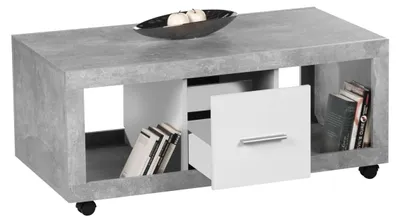 Productafbeelding van STONE salontafel op wielen, met een betonlook en witte afwerking, afmetingen 115 x 50 x 60 cm