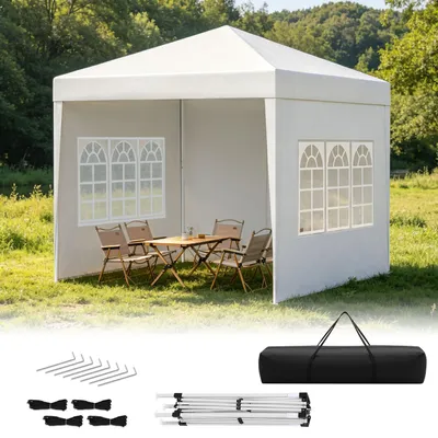 Obrázok produktu pre Eikuavons pavilón Faziango, rozmer 3x3 m, so bočnými stenami a oknami, skladací pavilón typu pop-up s vodeodolnou strechou z materiálu 210D Oxford, ochrana proti UV žiareniu 50+, nastaviteľná výška, prepravná taška, biela farba