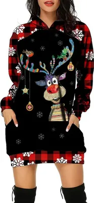 Produktbild von ASKSA Damen Rentier Print Kapuzenpullover Winter Langarm Hoodie Pullover Kleid Pulli Weihnachtskleid, A-Schwarz, XL