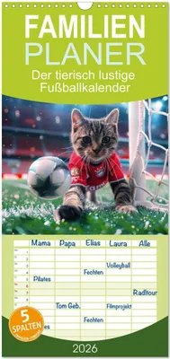 Produktbild von Familienplaner 2026 - Der tierisch lustige Fußballkalender mit 5 Spalten (Wandkalender, 21 x 45 cm) CALVENDO