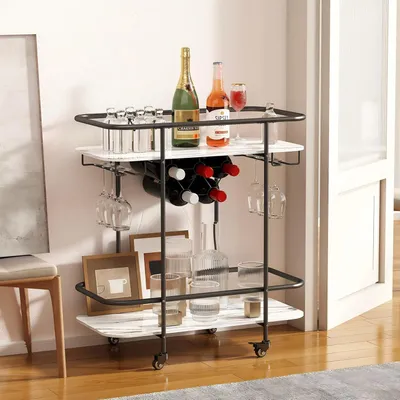 Produktbild von Getränketrolley mit 2 Ebenen, Weinregal und Gläserhalter, mobil, schwarz, für die Küche