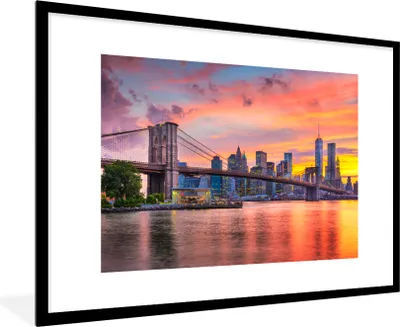 Produktbild von MuchoWow® MuchoWow® Gerahmtes Poster New York - Sonne - Brooklyn Bridge 90x60 cm - Poster mit zchwarzem Bilderrahmen - Wanddekoration - Fotos