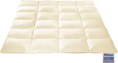 A beige duvet laid flat on a white background.