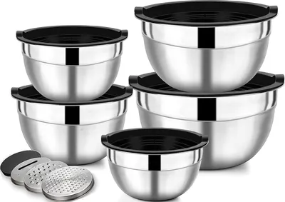 Produktbild von Salatschüssel 5er Set, Edelstahl Schüssel mit luftdicht Deckel, Größe 4.5l, 2.7l, 1.6l, 1.1l, 0.7l, Rührschüssel Schüsselset für die Küche