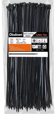 Produktbild von Kabelbinder Schwarz 200mm x 3,6mm Nylon 100 Stück UV-beständig 18,2kg Zugfestigkeit