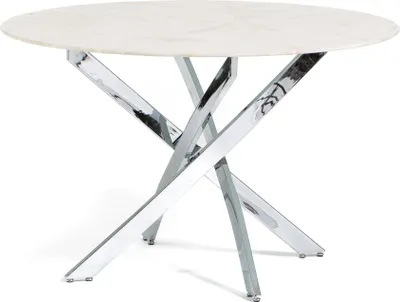 Produktbild von Runder Tisch Ø120 cm mit gehärteter Glasplatte und Metallbeinen – modernes, lichtvolles und elegantes Design für Küche, Esszimmer, Wohnzimmer und Büro – KASPER – Rosa Marmor/Silber