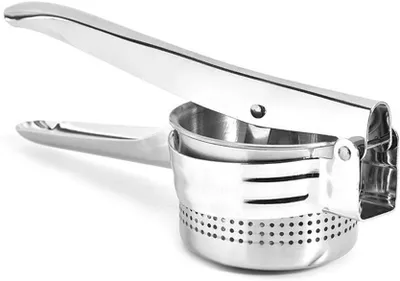 A stainless steel manual juicer is shown against a white background.