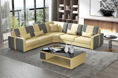 Produktbild von Design Eckgarnitur Ledersofa Ecksofa L Form Couch Sofa Beige Eckcouch