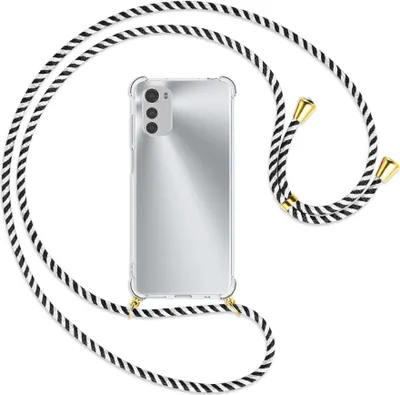 Produktbild von Handykette Backcover-Schutzhülle mit Band (Metall goldfarben) für Motorola Moto E32, Moto E32s - schwarz/weiß gestreift