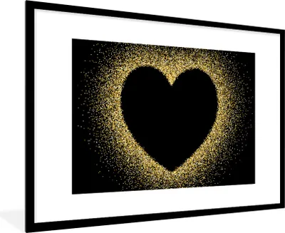 Produktbild von MuchoWow® Gerahmtes Poster Goldenes Herz auf schwarzem Hintergrund 90x60 cm - Poster mit Schwarzem Bilderrahmen Wandposter Rahmen Foto Bilder - Wanddekoration - Fotos
