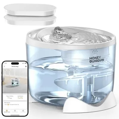 Produktbild von Katzenbrunnen Kabellos Pumpe, HONEYGUARDIAN Intelligenter Trinkbrunnen für Katze, Katzen Trinkbrunnen mit Akku 2000mAh, Katzen Hunde Wasserbrunnen, W asserspender mit 2 Filter, App-Steuerung, BPA-frei