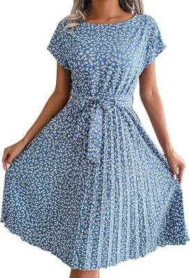 Produktbild von Damen Midi-Kleid mit Blumenmuster - Kurzärmliges, plissiertes Kleid mit Rundhalsausschnitt und Gürtel. Perfekt für den Sommer