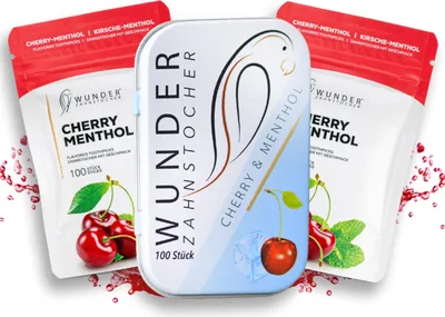 Produktbild von Wunder Zahnstocher mit Geschmack - 300er Vorratspack Kirsche Menthol - anhaltender Geschmack - gegen Nägelkauen - Alternative zu Kaugummi