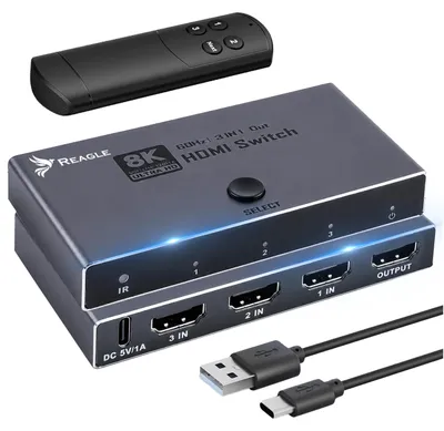 Produktbild von Reagle HDMI 2.1 Switch 3x1 Umschalter, 8K 60Hz, 4K 144Hz, Splitter mit Fernbedienung, Automatisch, für PS5 Xbox PC, Schwarz