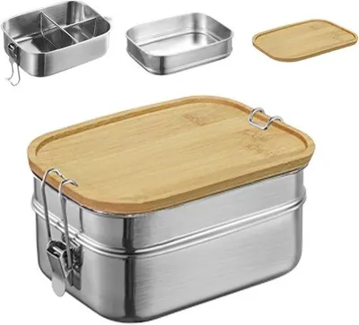 Produktbild von Mittagsbox 2-fach, Edelstahl, BPA-frei, Holzdeckel, für Schule