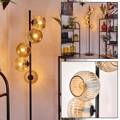 Produktbild von Villamare Stehlampe aus Metall/Riffelglas, Schwarz/Bernstein, Vintage-Design