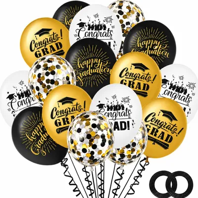 20 Abschlussballons Schwarz-Gold, Examensfeier Deko Helium