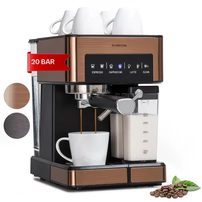 Obrázek produktu pro Klarstein, espresso kávovar s portafiltrem s napěňovačem mléka, 1,8 l mini espresso kávovar s portafiltrem, 20 barový malý kávovar z nerezové oceli, 0,5 l nádrž na mléko, 1 350 W kávovar na mletou kávu
