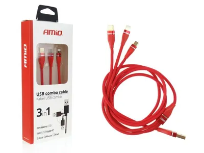 A product shot of a red 3-in-1 USB charging cable and its packaging, presented on a white background.