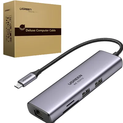 Zdjęcie produktu dla Ugreen 7W1 Wielofunkcyjny Hub Usb Typ C - 2X Usb 3.2 Gen 1 / Hdmi 4K 60Hz / Czytnik Kart Sd I Tf / Usb Typ C Pd 100W / Rj45 1000Mbps (1Gbps) Szary (60515 Cm512)