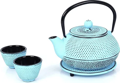 Produktbild von Echtwerk Teeservice Gusseisen Teekanne 0,8 L Teebereiter inkl. Untersetzer 2 Teetassen Teekannen-Set Vintage-Design Creme, Farbe:Hellblau
