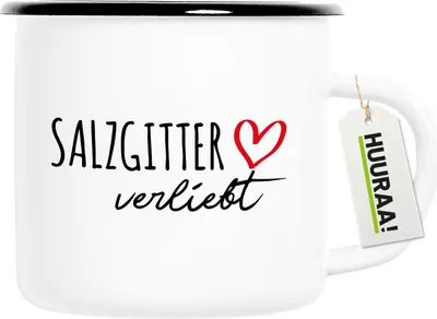 Produktbild von Huuraa Emaille Tasse Salzgitter verliebt 300ml Vintage Campingbecher Geschenkidee