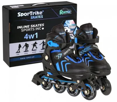 A pair of black and blue inline skates is shown next to its packaging.