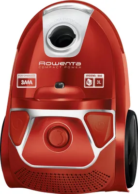 A red Rowenta Compact Power vacuum cleaner is shown against a white background.